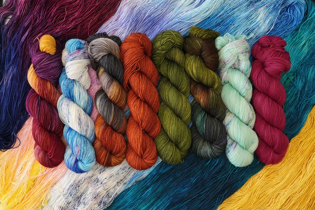 Skeins of Wild Woollys hand-dyed yarn arranged in rows